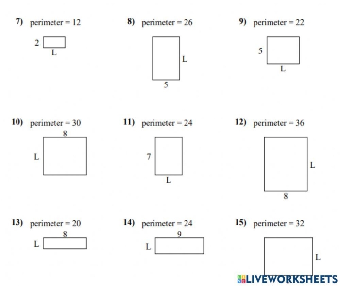 Interactive 5th-grade worksheet to help kids practice algebra with rectangles Worksheet featuring Rectangle Algebra for finding missing lengths in geometry