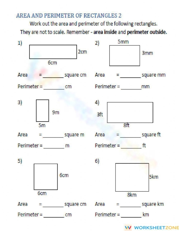 Fourth grade math worksheet featuring geometry problems about calculating the area of rectangles