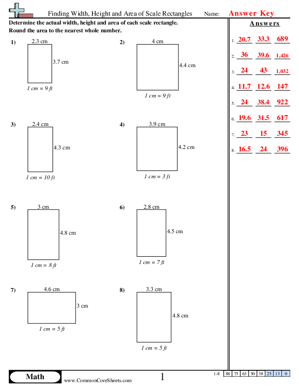 Fourth grade math worksheet featuring a geometry exercise on calculating rectangle area