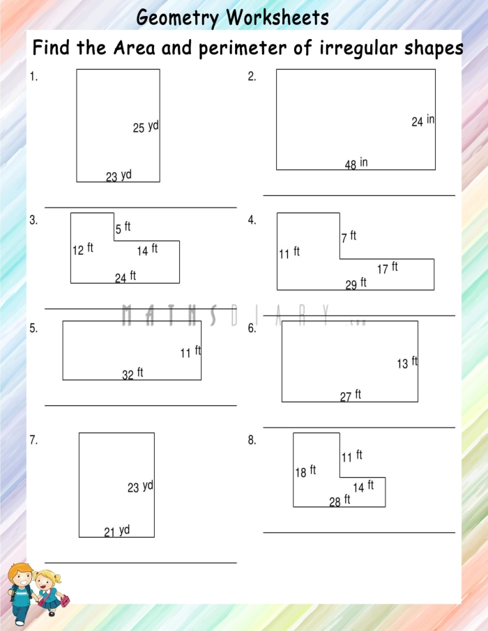 Fourth grade geometry worksheet featuring rectangle area calculation problems