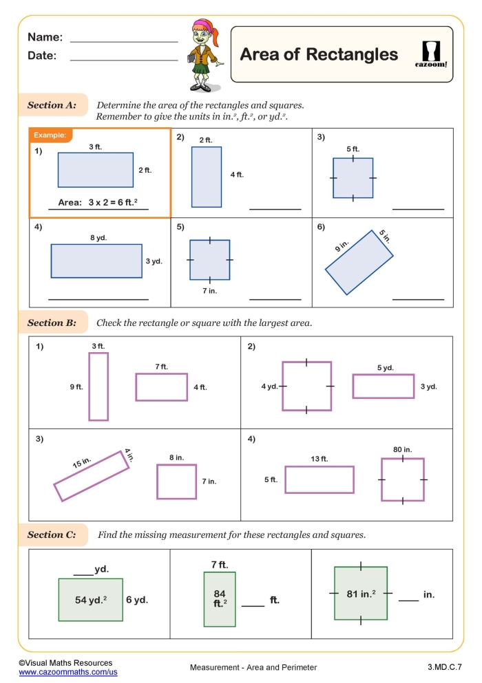 Fourth grade student completing a geometry worksheet to calculate the area of rectangles by multiplying length and width