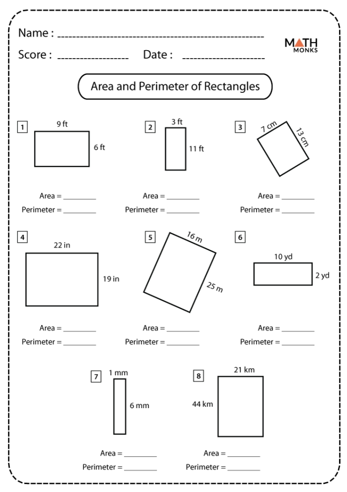 Fourth grade student working on a Rectangle Mania worksheet to calculate area using length and width