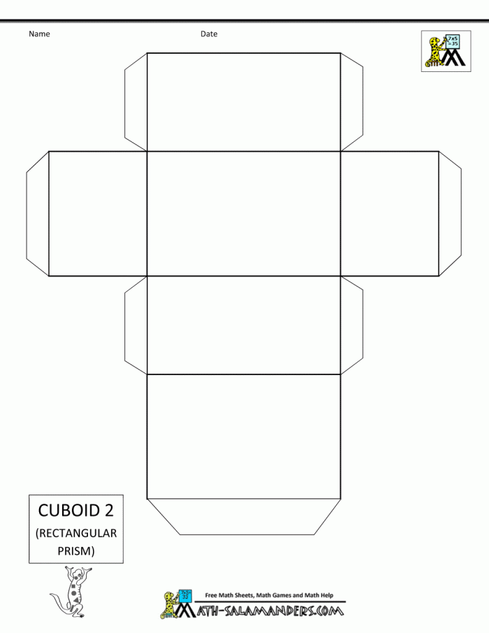 A printable rectangular prism net showing unfolded sides and tabs for assembly as a 3D shape activity