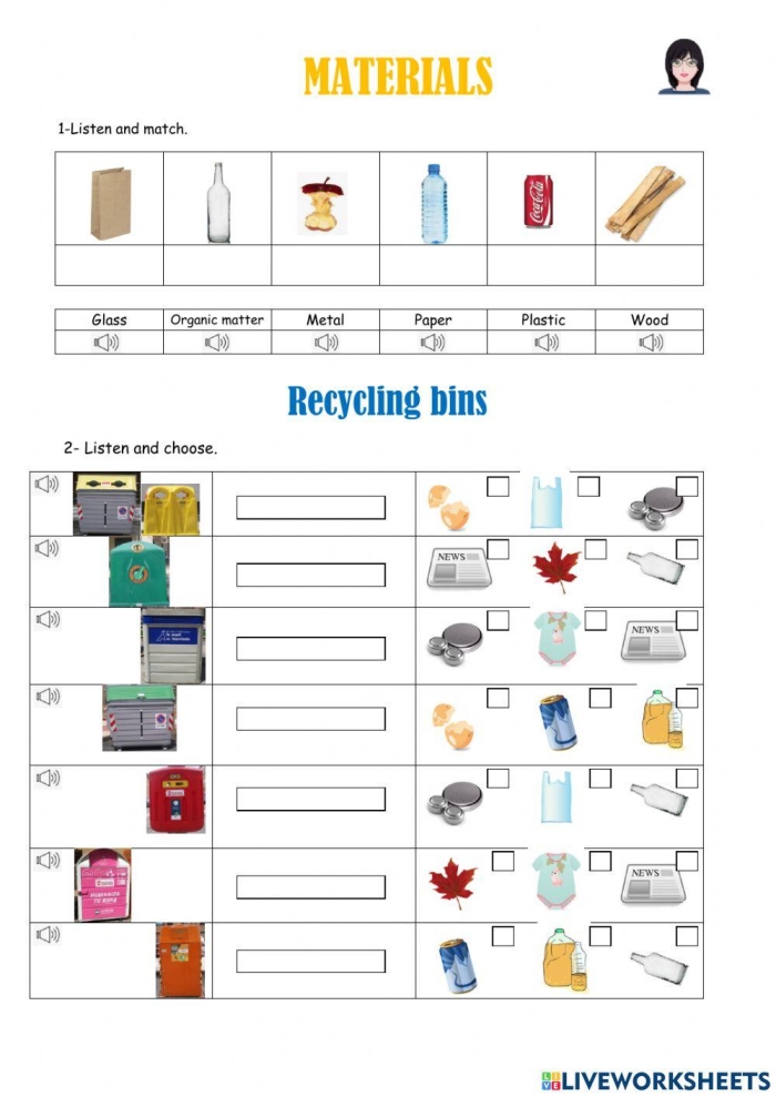 Recycling worksheet for first graders featuring colorable recyclable items and matching bins