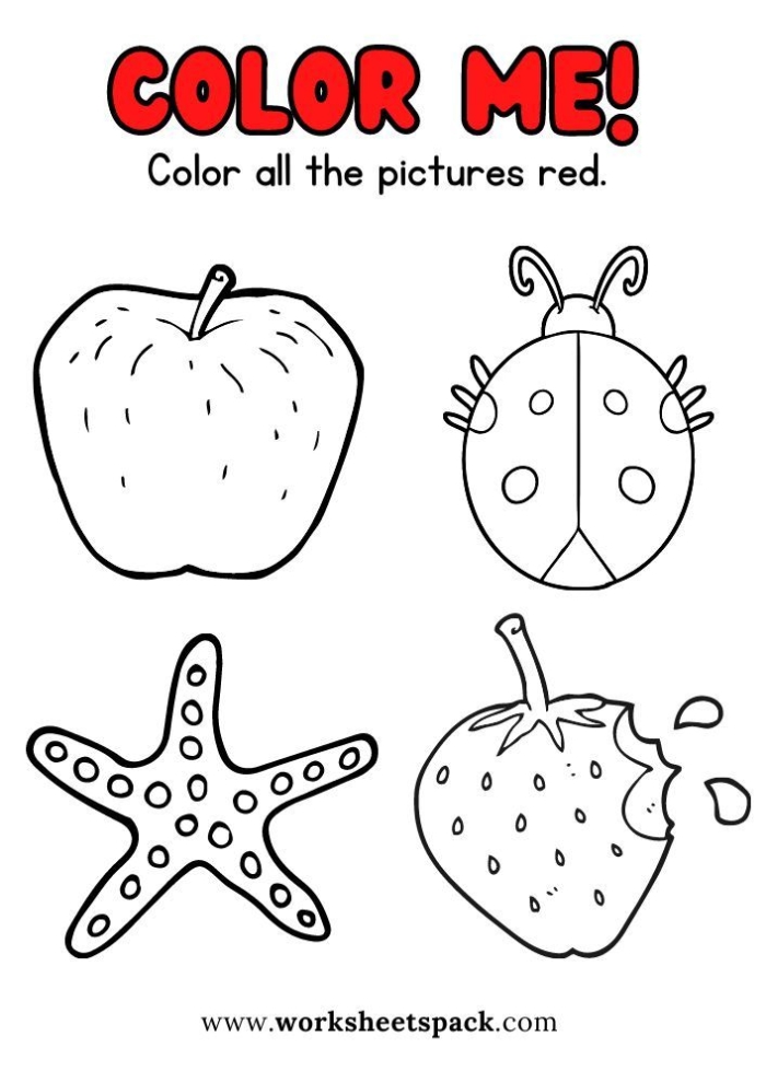 The Color Red Vocabulary Worksheet Number 14 Pre-K student working on a color identification activity with a red apple worksheet