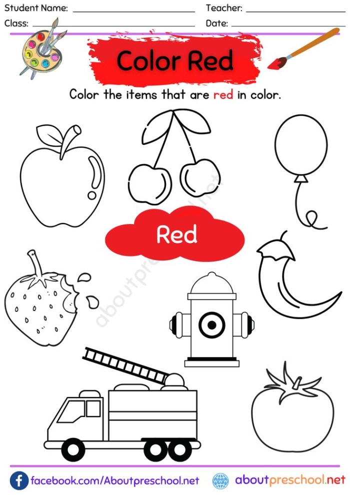 The Color Red worksheet lesson for early learners number three Preschool child coloring a red apple in a vocabulary activity book