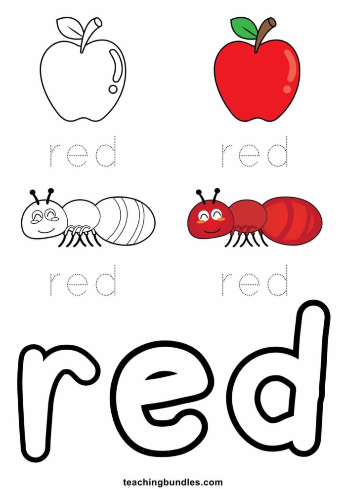 Engaging project for kids to explore and create a color book about red A colorful worksheet for Pre-K children focusing on the color red and apples
