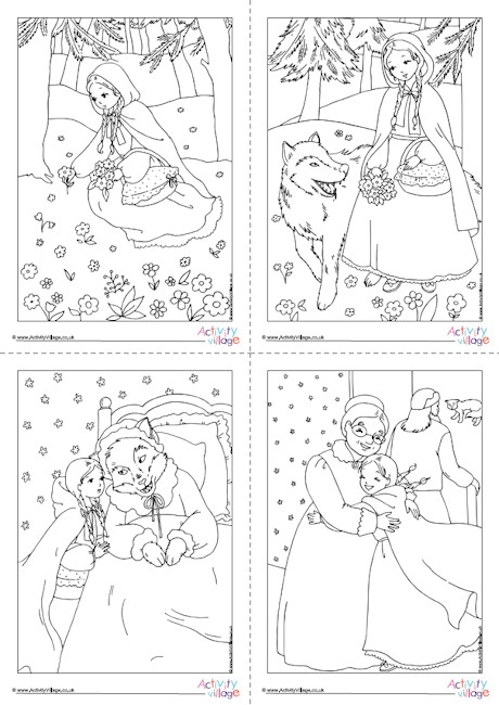 Pre-K math worksheet featuring a Little Red Riding Hood coloring scene for addition practice