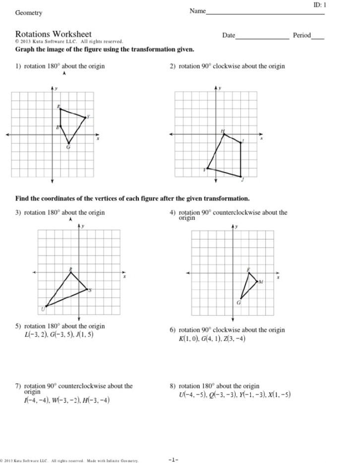 Eighth grade student worksheet showing coordinate plane grid with reflected shapes and geometric reflection examples