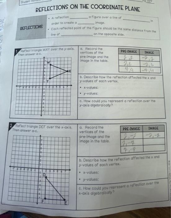 Eighth-grade worksheet on reflections in the coordinate plane for practicing graphing figures