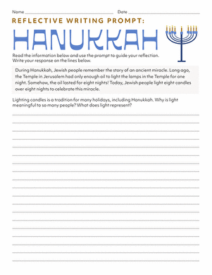 Fourth grade student working on a reflective writing worksheet about Passover themes of hope and endurance