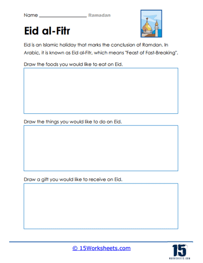 A fourth grade student writing about ways to care for their community during Ramadan with a reflective writing prompt worksheet