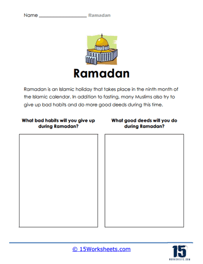 Fourth grade student completing a reflective writing worksheet about Ramadan community service