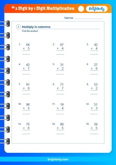 Third grade math worksheet featuring multiplication problems for practice with 2-digit and 1-digit numbers 2-Digit by 1-Digit Multiplication worksheet for third graders focusing on regrouping strategies