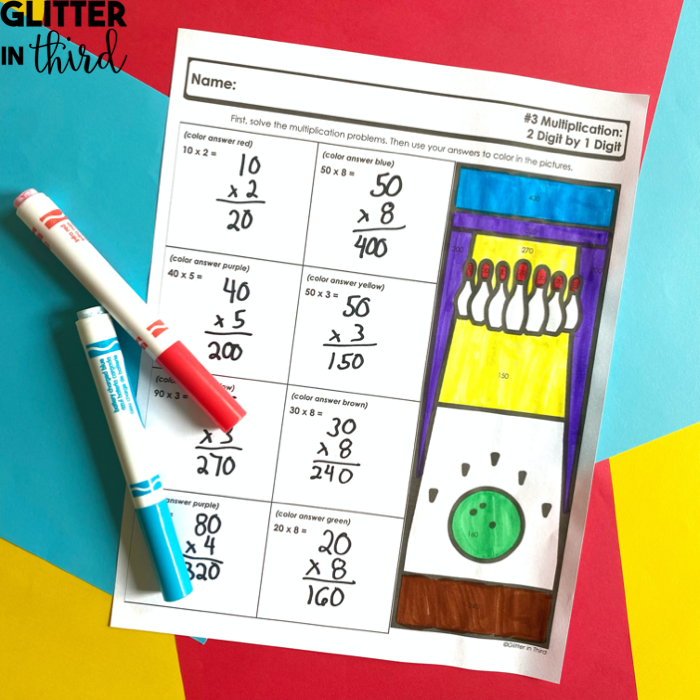 Multiplication Worksheet 16 2-Digit by 1-Digit Regrouping Practice Third grade math worksheet featuring 2-digit by 1-digit multiplication problems with regrouping