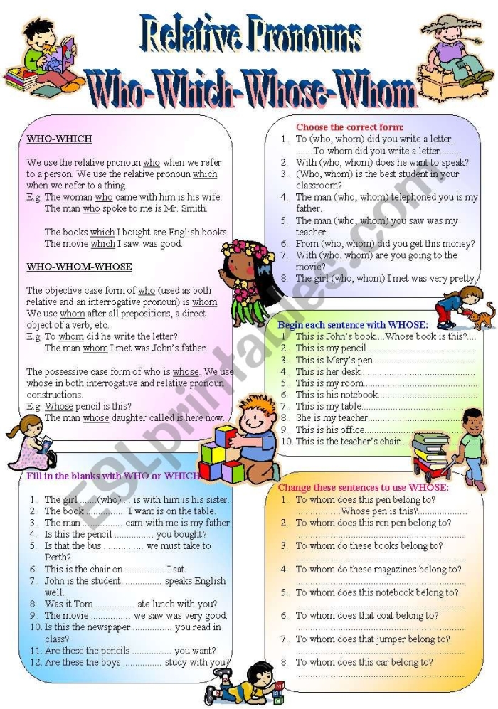 Grammar worksheet on using "who" vs. "whom" for sixth grade students Worksheet for practicing relative pronouns "who" and "whom" in sentences for sixth graders