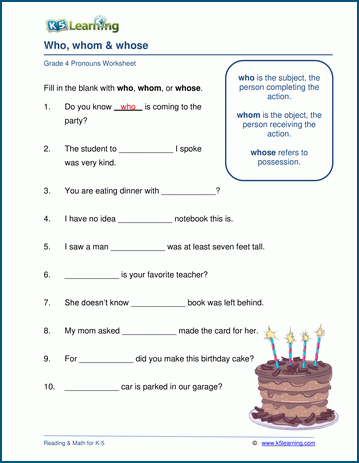 Practice sheet for relative pronouns: Who vs. Whom worksheet for grammar learners Worksheet featuring exercises on using relative pronouns who and whom for sixth graders