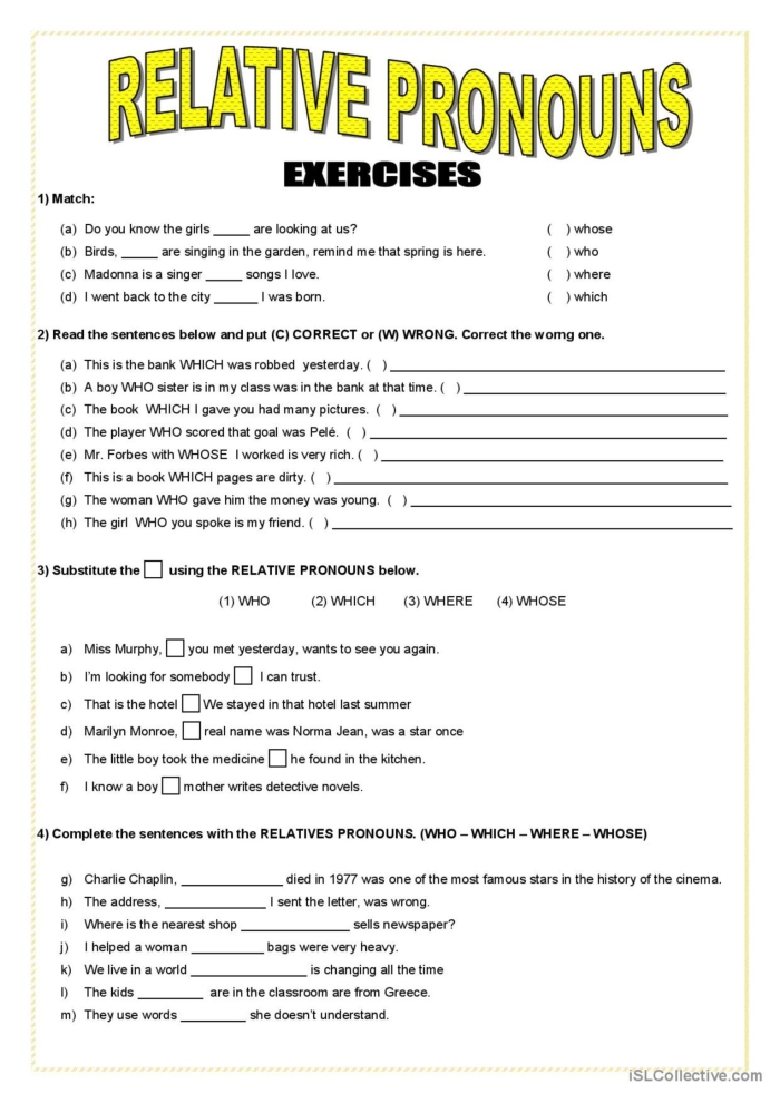 Relative Pronouns Worksheet: Who vs. Whom for Sixth Grade Students Worksheet for practicing relative pronouns 'who' and 'whom' in sentences