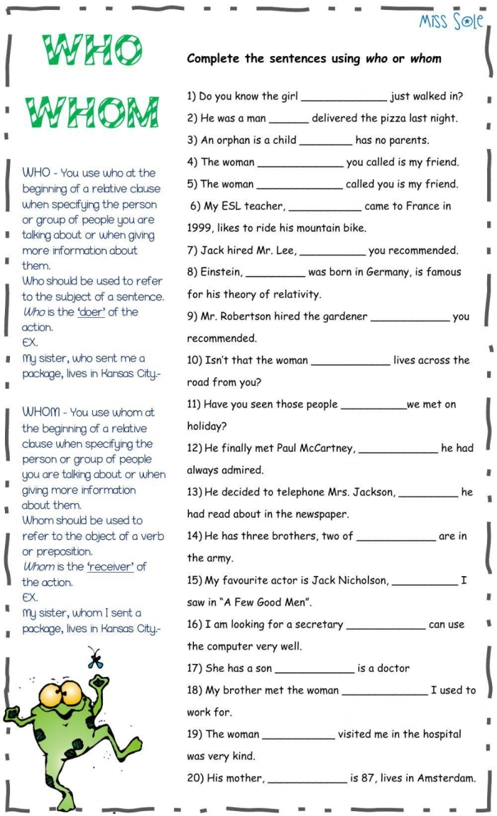 Practice relative pronouns with this sixth-grade worksheet on who vs. whom Worksheet for practicing relative pronouns "who" and "whom" in sentences