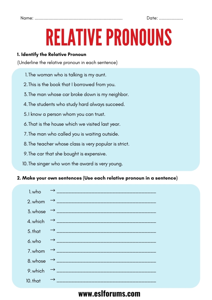 Relative Pronouns Worksheet for Sixth Graders: Who vs. Whom Worksheet for practicing the use of relative pronouns who and whom in sentences