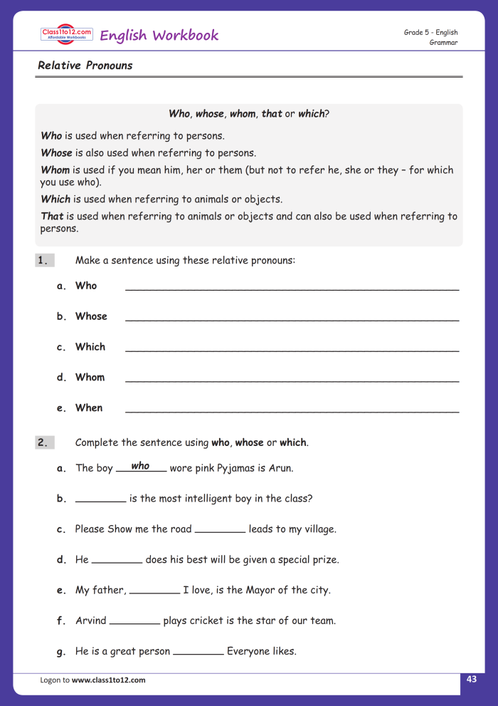 Grammar worksheet on using relative pronouns for sixth graders Worksheet for practicing relative pronouns "who" and "whom" in sentences