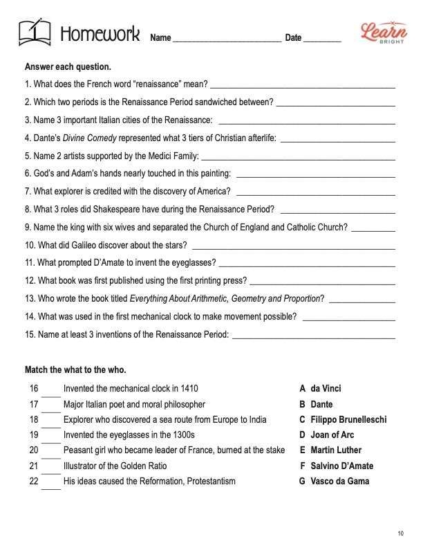 A sixth grade student examines a worksheet about famous Italian Renaissance painters and their historical masterpieces