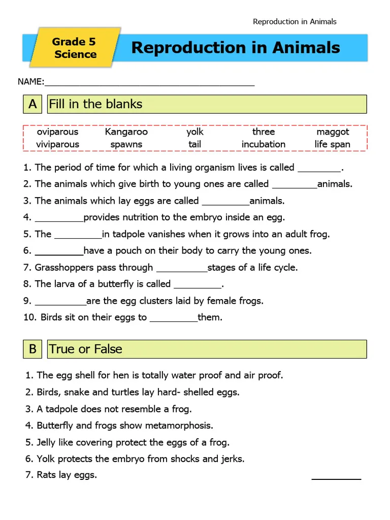 Sixth grade science worksheet comparing sexual and asexual reproduction types