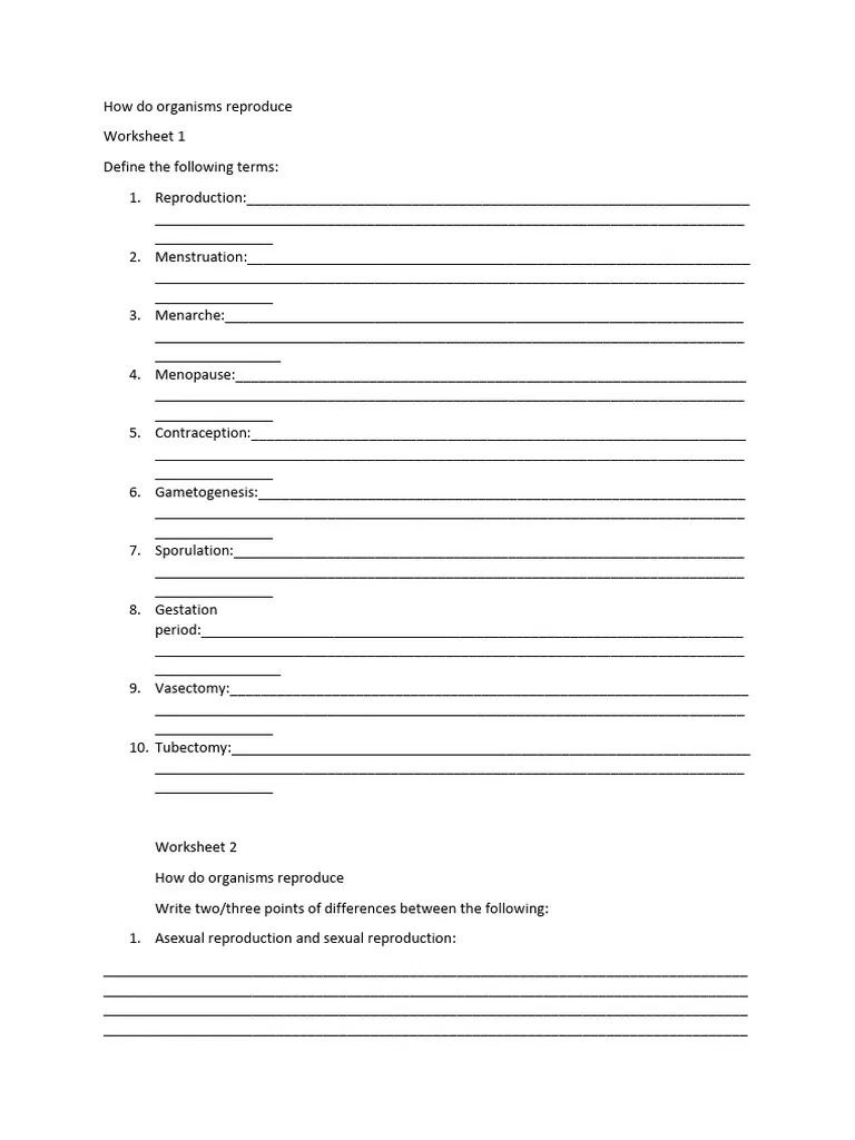 Asexual and sexual reproduction worksheet for sixth grade science students