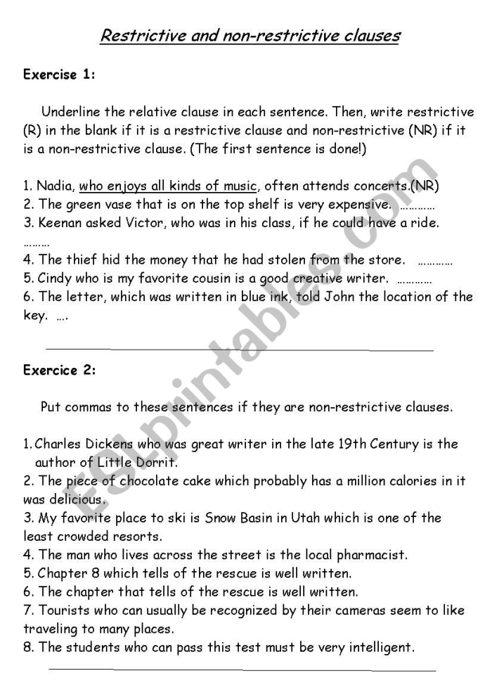 Subtraction worksheet for Sixth Grade Worksheet focused on identifying restrictive and nonrestrictive elements in grammar for sixth graders. Educational resource titled "What Does the Punctuation Suggest? Restrictive and Nonrestrictive Elements Worksheet.