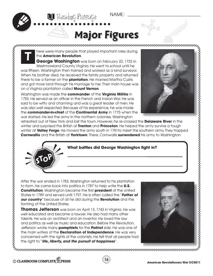 Fifth Grade People of the Revolutionary War Worksheet Activity 4 A fifth grade student filling out a People of the Revolutionary War worksheet