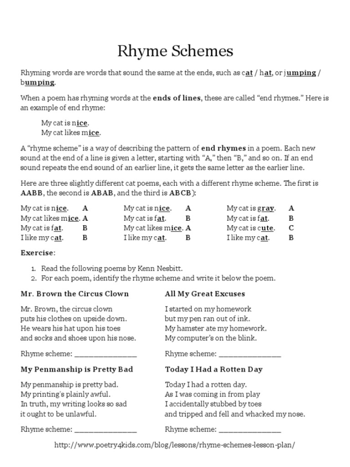 Fourth grade poetry worksheet teaching rhyme scheme analysis with Robert Louis Stevenson poem excerpts for young writers