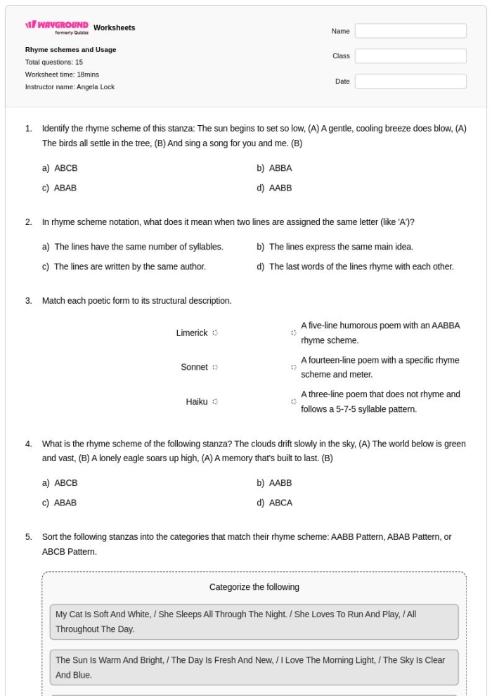 Fourth grade students learning rhyme scheme analysis with Robert Louis Stevenson poetry excerpts on worksheet 23