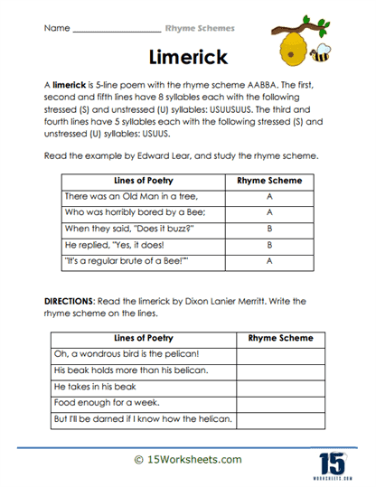 Fourth grade student filling out a poetry analysis worksheet featuring Robert Louis Stevenson excerpts to identify rhyme schemes
