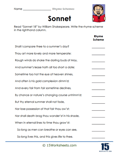 Fourth grade students analyzing rhyme scheme patterns in poetry excerpts from Robert Louis Stevenson on a worksheet activity