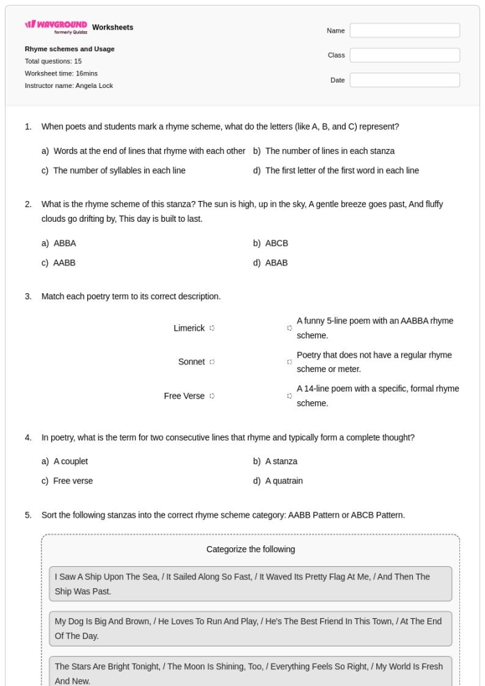 Fourth grade students analyzing poetry rhyme schemes with Robert Louis Stevenson poem excerpts on a worksheet