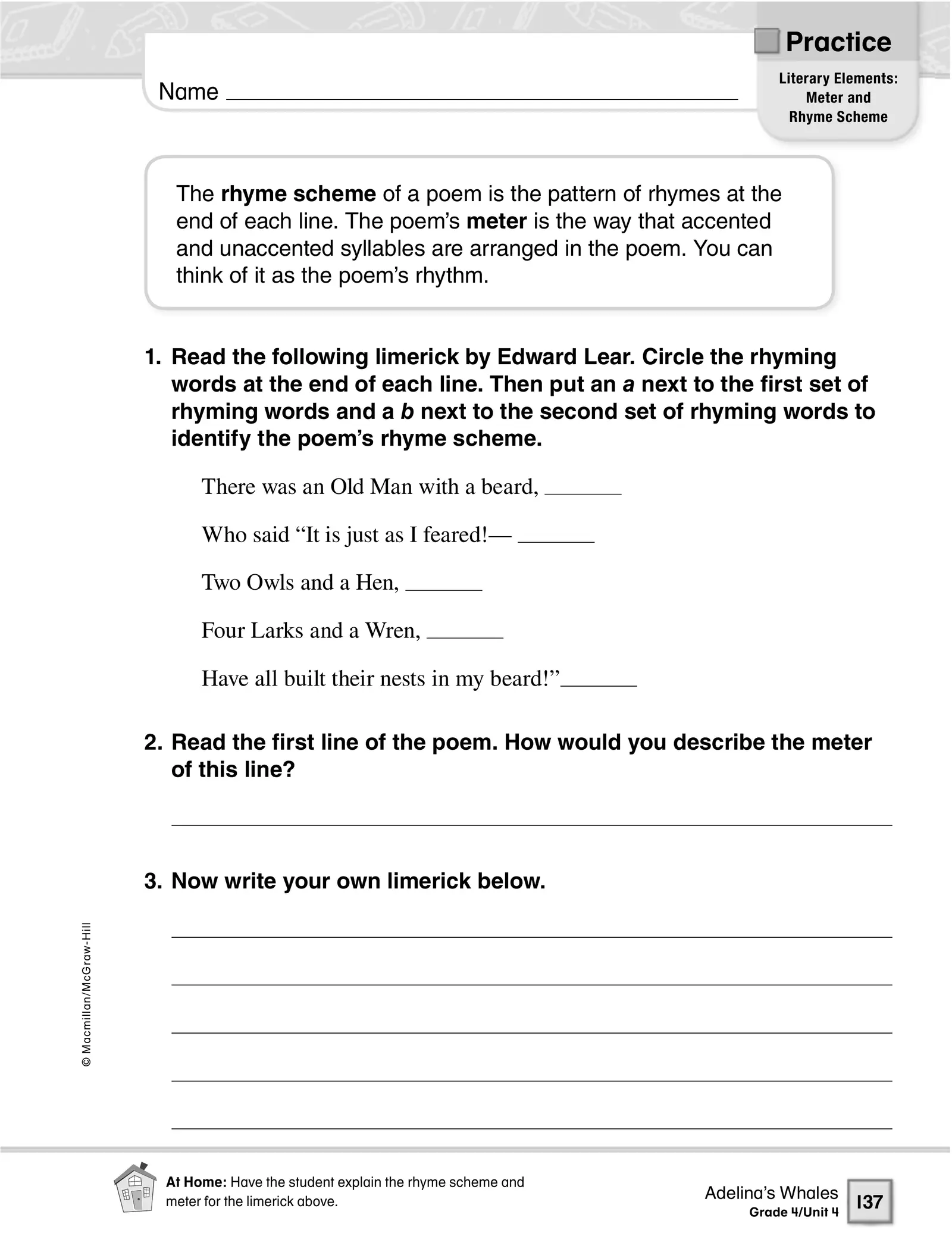 Fourth grade student worksheet showing rhyme scheme analysis with poetry excerpts from Robert Louis Stevenson for learning poetry patterns