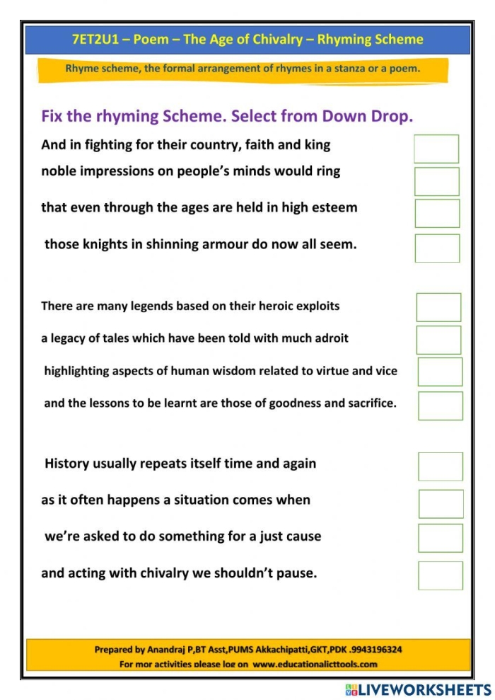Engaging worksheet image for identifying rhyme schemes in poetry Rhyme scheme practice worksheet for fourth graders focusing on poetry and subtraction skills
