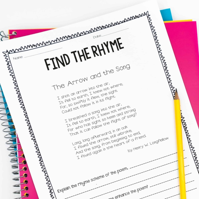 Engaging worksheet image for helping students explore rhyme schemes Rhyme Scheme Practice worksheet for fourth graders focused on identifying poetic patterns