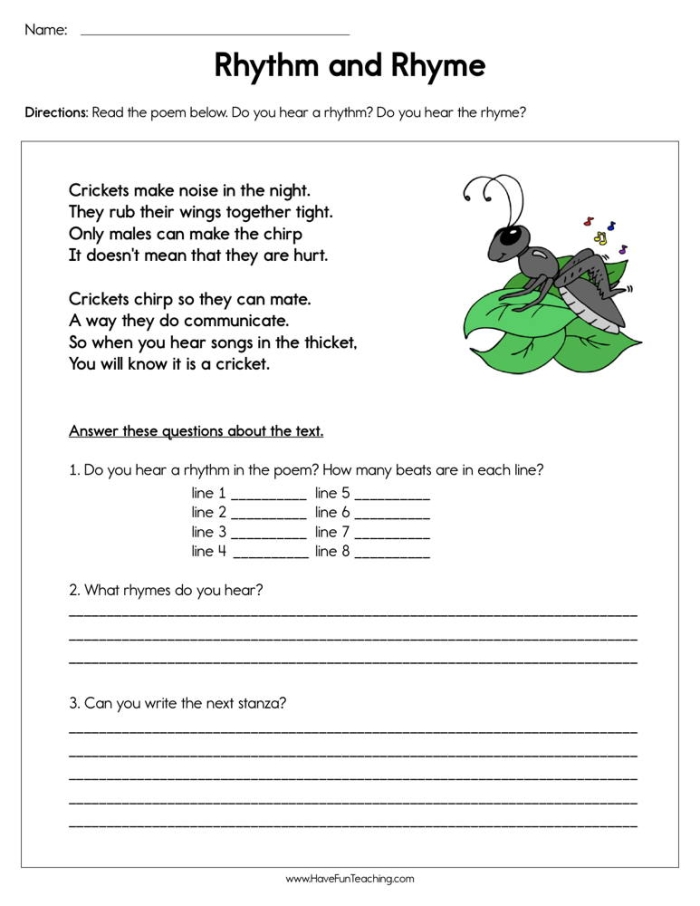 Engaging worksheet to help students explore rhyme schemes in poetry Rhyme Scheme Practice worksheet for fourth graders focusing on poetry identification