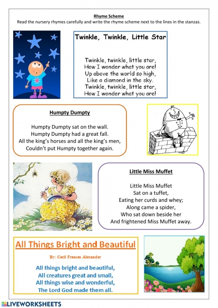 Fourth grade poetry analysis worksheet showing rhyme scheme examples from Robert Louis Stevenson with practice exercises for young writers
