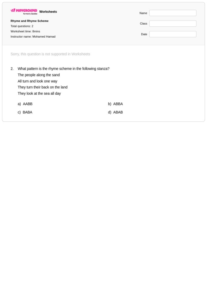 Fourth grade poetry worksheet teaching rhyme schemes with Robert Louis Stevenson poem excerpts for young writers