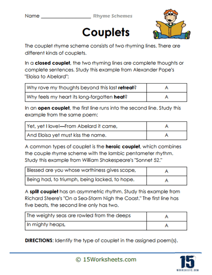 Engaging worksheet image for teaching rhyme schemes in poetry to young learners Rhyme Scheme Practice worksheet for fourth graders focusing on identifying poetry patterns