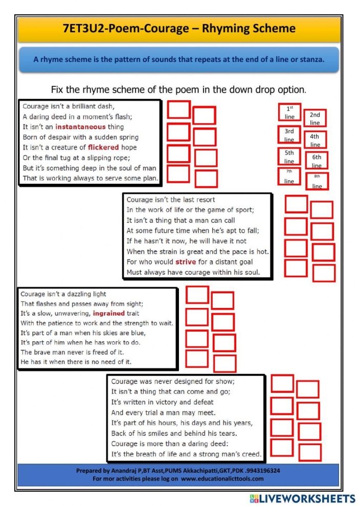 Engaging worksheet image for identifying rhyme schemes in poems Rhyme Scheme Practice worksheet for fourth graders focusing on poetry and subtraction skills