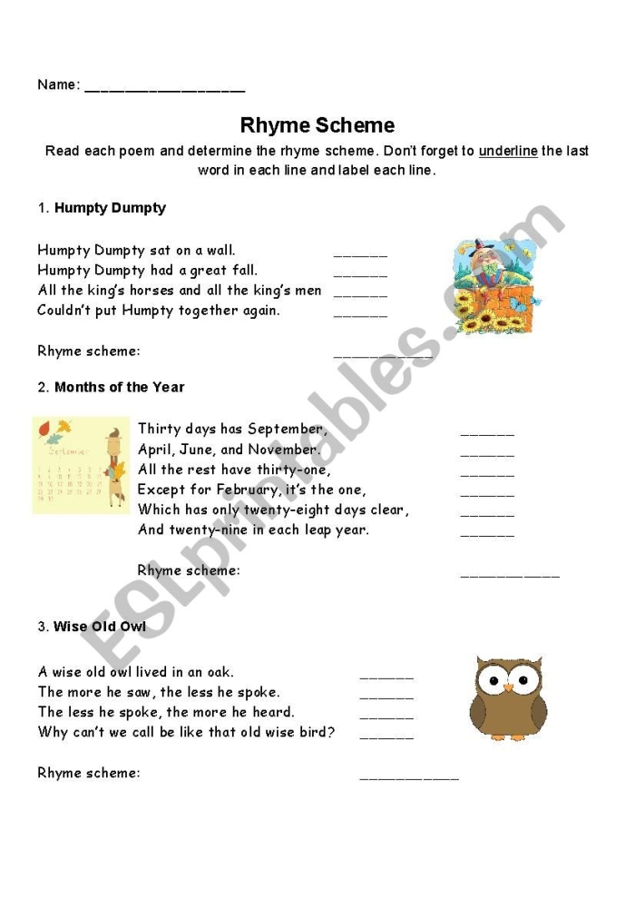 Engaging worksheet to help students identify and understand rhyme schemes in poems Rhyme scheme practice worksheet for fourth graders focusing on poetry analysis