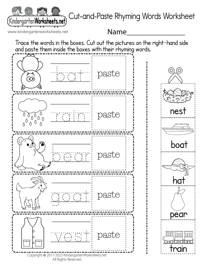 Kindergarten student completing a phonemic awareness rhyming words assessment worksheet