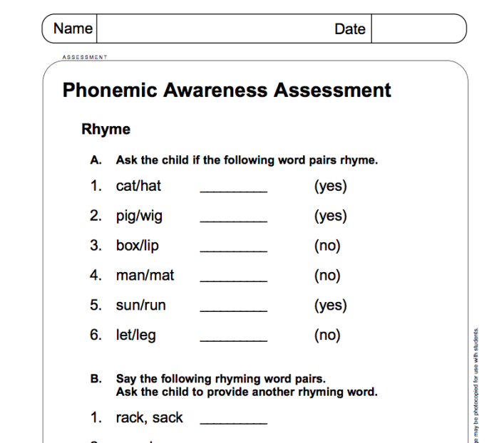 Rhyming Assessment Activity 22 for Early Learners Pre-K rhyming knowledge assessment worksheet with picture matching exercises for evaluating student understanding of rhymes