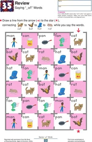 Returning Rhyme II worksheet image 12 showing beginning readers completing word family activities Kindergarten students practicing rhyming words ending in at, an, ap and ad sounds with colorful illustrations