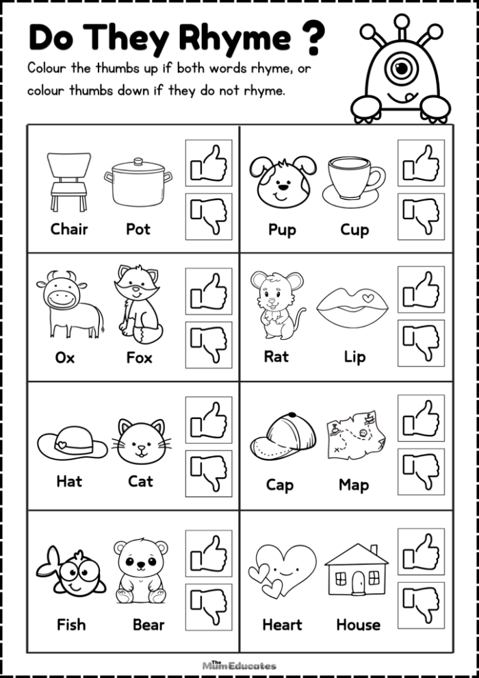 Rhyming Knowledge Assessment Worksheet for Preschoolers Number 6 Pre-K student completing a rhyming knowledge assessment worksheet to identify matching word sounds