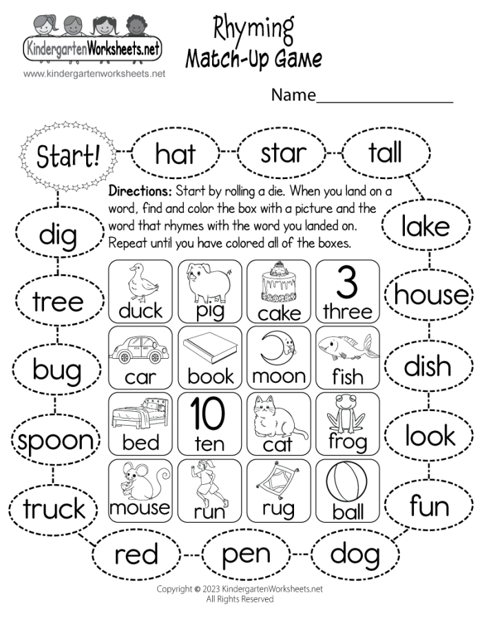 Rhyming Words Game 3 worksheet for Pre-K featuring a fun maze path activity