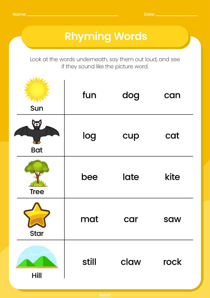 Rhyming Words For Kids Worksheet Exercise 9 Matching Activity First grade student matching rhyming words and pictures to practice reading and vocabulary skills
